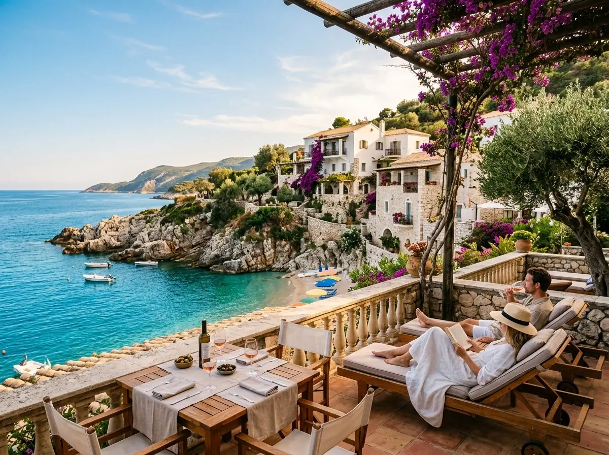 Pareja descansando en una terraza frente al mar durante una escapada