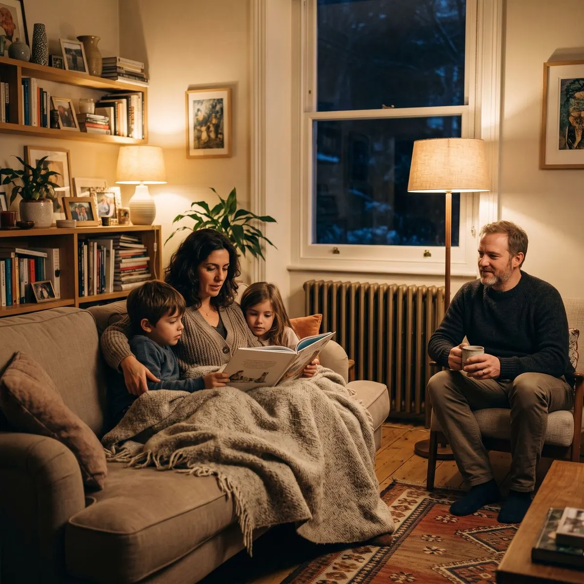 Familia relajada en el salón de su casa