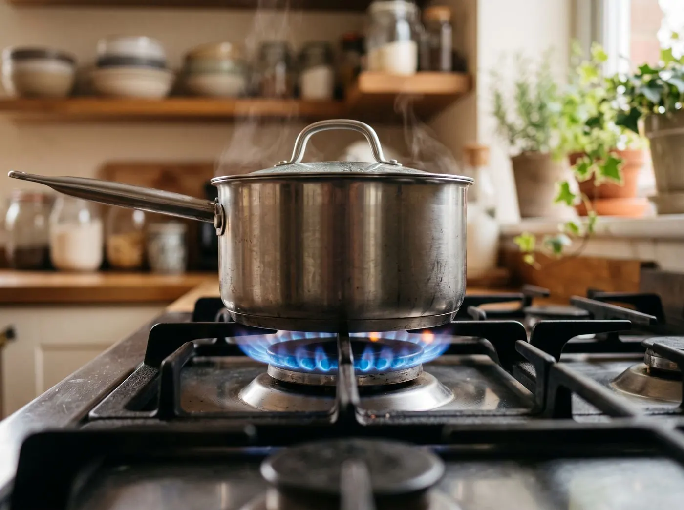 Fogón de gas encendido en una cocina doméstica