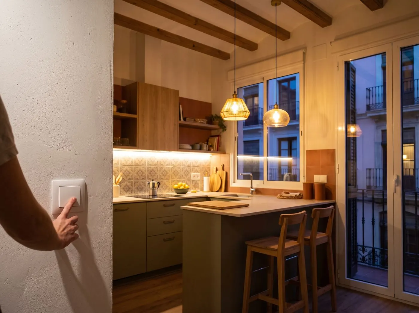 Cocina de un hogar con las luces encendidas al atardecer